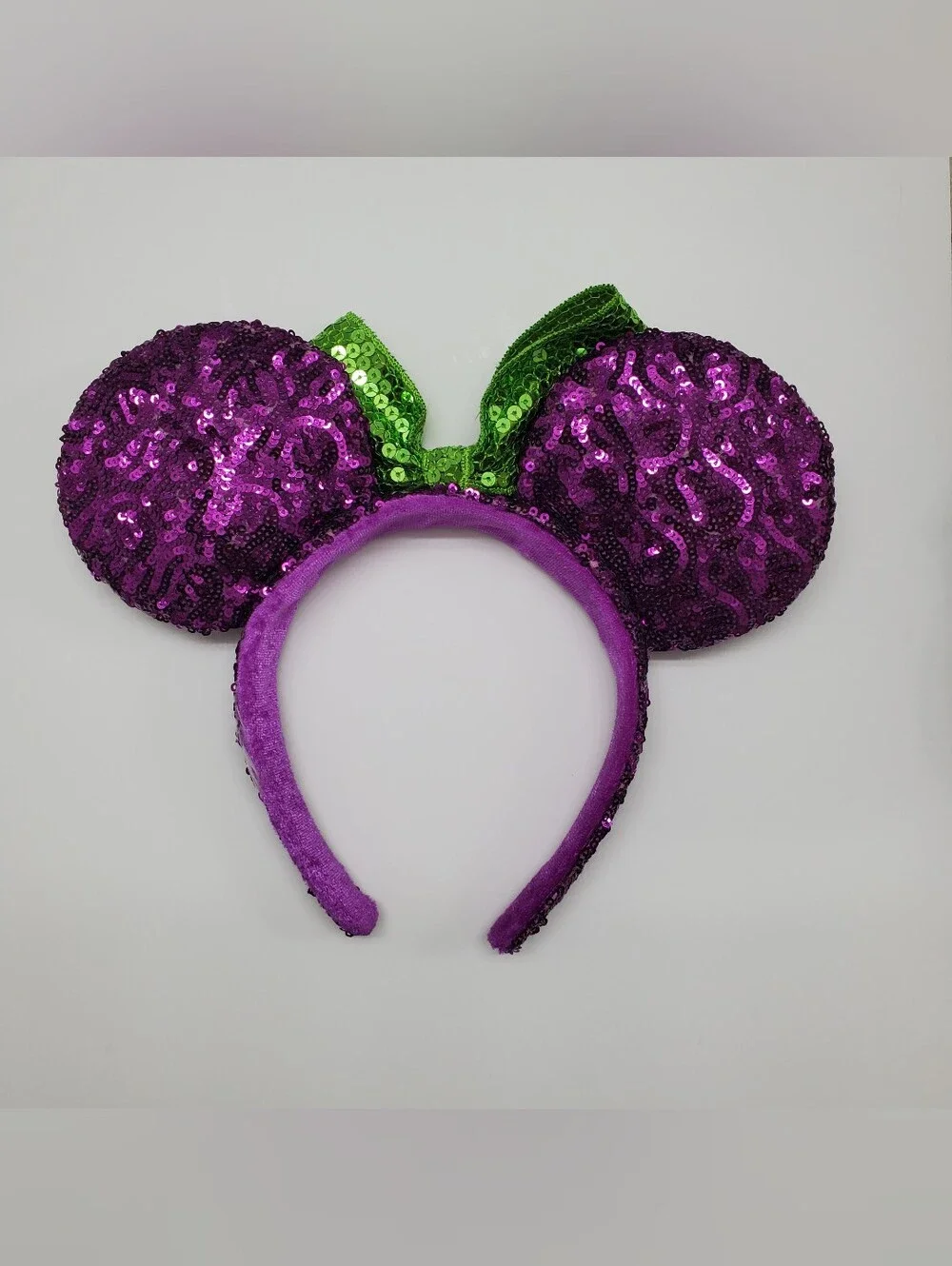 Disney Parks Halloween Purple Sequin Minnie Ear Headband with Green Sequin Bow